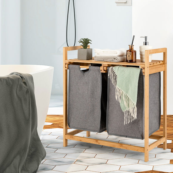 NNECW  2-Section Bamboo Laundry Hamper with Dual Compartments for Bathroom