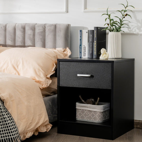 NNECW 2-tier Wooden Bedside Table with Storage Drawer and Cabinet for Bedroom/Living Room/Office-Black-2 pieces