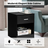 NNECW 2-tier Wooden Bedside Table with Storage Drawer & Cabinet for Bedroom/Living Room/Office-Black