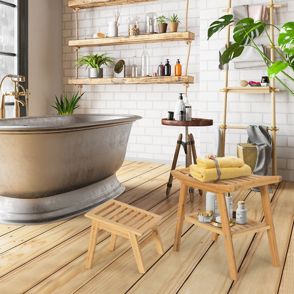 NNECW Bamboo Shower Seat Bench with Foot Stool for Indoor & Outdoor