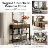 NNECW 100cm Console Table with 2 Drawers &amp; 2-Tier Shelves &amp; Anti-Toppling Design-Brown