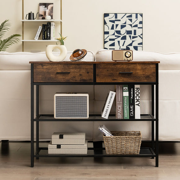 NNECW 100cm Console Table with 2 Drawers & 2-Tier Shelves & Anti-Toppling Design-Brown