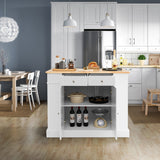 NNECW Kitchen Island with Drop Leaf Countertop and 3-Level Adjustable Shelves-White