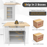 NNECW Kitchen Island with Drop Leaf Countertop and 3-Level Adjustable Shelves-White