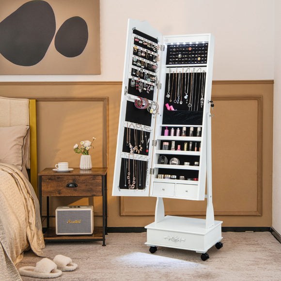 NNECW Jewellery Armoire with Full Length Mirror and Built-in LED Lights for Bedroom-White
