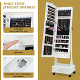 NNECW Jewellery Armoire with Full Length Mirror and Built-in LED Lights for Bedroom-White