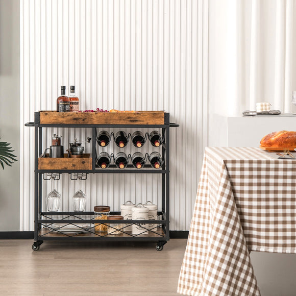 NNECW 3-Tier Rolling Bar Cart with Removable Tray for Dining Room