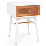 NNECW Rattan Nightstand with Storage Drawer &amp; Solid Wood Legs-White