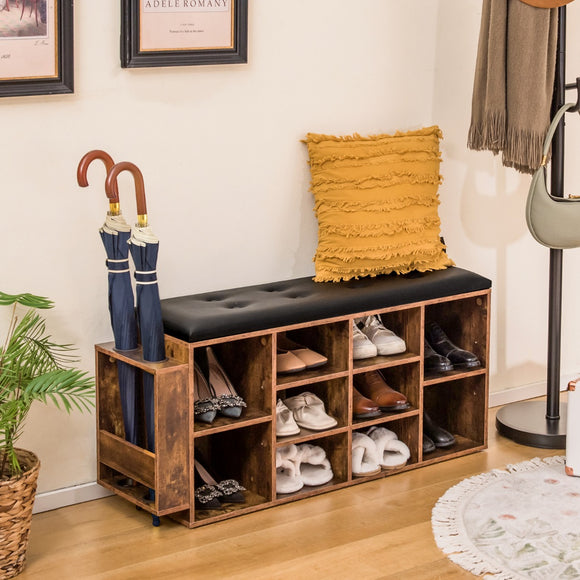 NNECW Shoe Storage Bench with Adjustable Shelf & Padded Cushion-Coffee