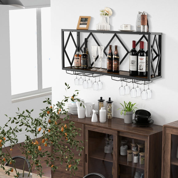 NNECW Wall Mounted Wine Rack with Wine Bottle Rack & 6 Rows of Stemware Holder