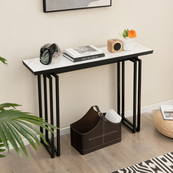 NNECW 110cm Faux Marble Console Table with Sturdy Metal Legs-Black