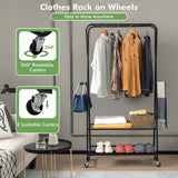 NNECW Rolling Garment Rack on Wheels with Double Hanging Rods for Bedroom/Balcony/Dorm