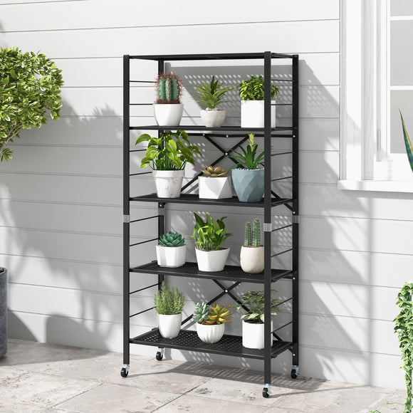 NNECW 5-Tier Folding Storage Shelves with Wheels for Garage & Kitchen