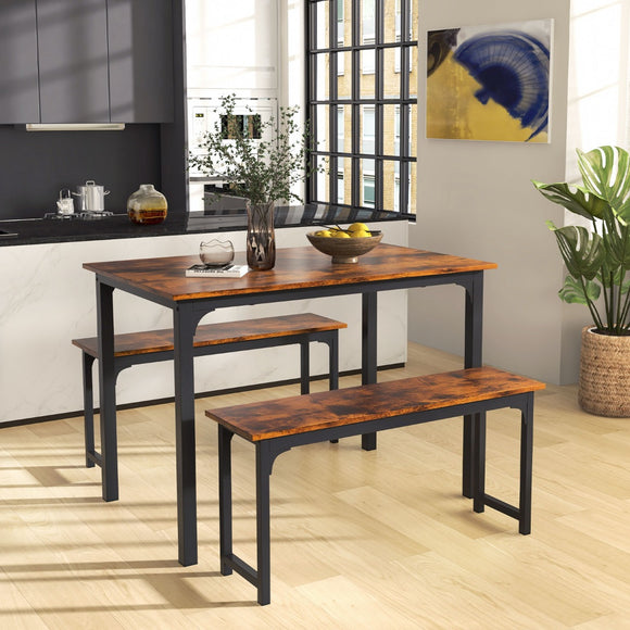 NNECW Space-saving Dining Table Set for 4 with 2 Benches for Kitchen-Brown