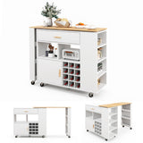 NNECW 2-in-1 Reversible Mobile Kitchen Island with Rubber Wood Top and Adjustable Shelf for Dinning Room