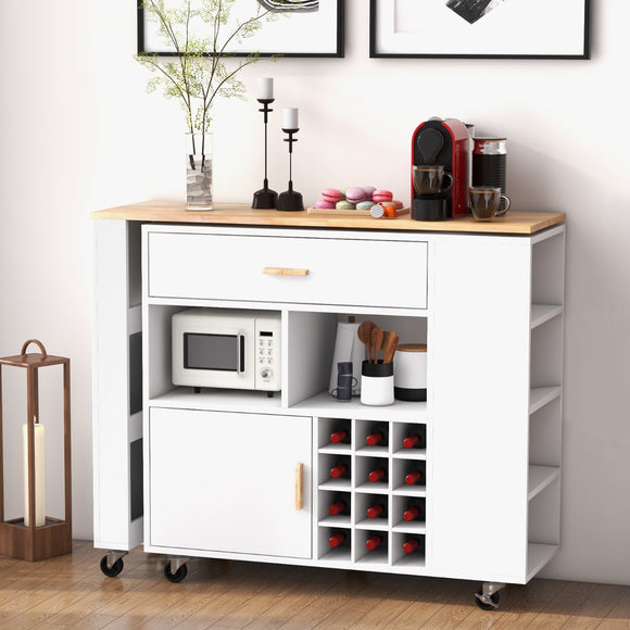 NNECW 2-in-1 Reversible Mobile Kitchen Island with Rubber Wood Top and Adjustable Shelf for Dinning Room