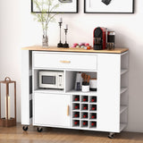 NNECW 2-in-1 Reversible Mobile Kitchen Island with Rubber Wood Top and Adjustable Shelf for Dinning Room
