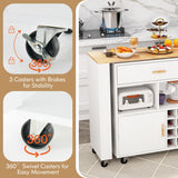 NNECW 2-in-1 Reversible Mobile Kitchen Island with Rubber Wood Top and Adjustable Shelf for Dinning Room