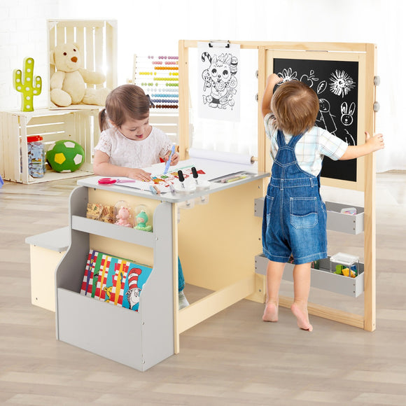 NNECW Kids Art Table & Bench Set with Double-Sided Adjustable Easel-Grey