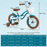 NNECW Kids Bike Adjustable with Handbrake and Basket for 3-5 Years Old-Turquoise-14 inches
