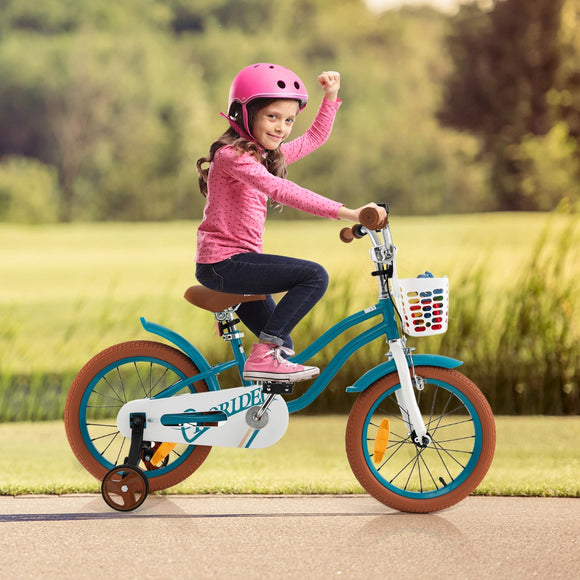 NNECW Kids Bike Adjustable with Handbrake and Basket for 4-7 Years Old-Turquoise-16 inches
