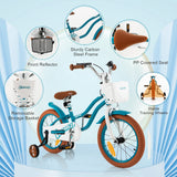 NNECW Kids Bike Adjustable with Handbrake and Basket for 4-7 Years Old-Turquoise-16 inches