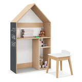 NNECW Kids House-Shaped Table and Chair Set with Storage & Blackboard