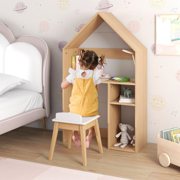 NNECW Kids House-Shaped Table and Chair Set with Storage & Blackboard