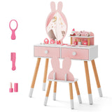 NNECW Kids Vanity Dressing Table Stool Set with Mirror Drawers
