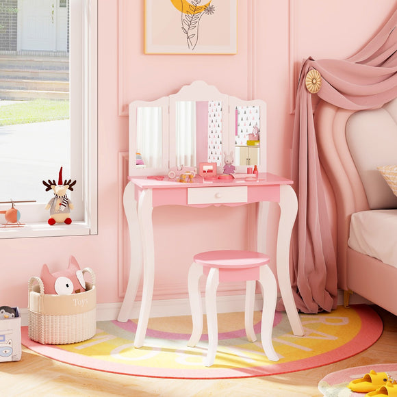 NNECW Kids Vanity Set with Tri-folding Acrylic Mirror TOP 20 Bonus Trinkets Set