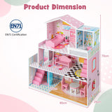 NNECW Kids Wooden Dollhouse with 5 Simulated Rooms & 10 Pieces of Furniture