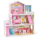 NNECW Kids Wooden Dollhouse with 5 Simulated Rooms & 10 Pieces of Furniture