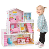 NNECW Kids Wooden Dollhouse with 5 Simulated Rooms & 10 Pieces of Furniture