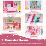 NNECW Kids Wooden Dollhouse with 5 Simulated Rooms & 10 Pieces of Furniture