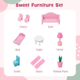 NNECW Kids Wooden Dollhouse with 5 Simulated Rooms & 10 Pieces of Furniture