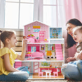 NNECW Kids Wooden Dollhouse with 5 Simulated Rooms & 10 Pieces of Furniture