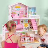 NNECW Kids Wooden Dollhouse with 5 Simulated Rooms & 10 Pieces of Furniture