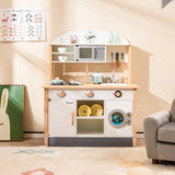 NNECW Kids Wooden Kitchen Playset with Microwave & Washing Machine for Aged 3-10 Years Old