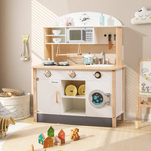 NNECW Kids Wooden Kitchen Playset with Microwave & Washing Machine for Aged 3-10 Years Old