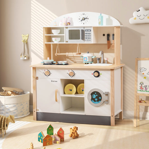 NNECW Kids Wooden Kitchen Playset with Microwave & Washing Machine for Aged 3-10 Years Old
