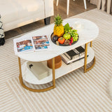 NNECW Modern 2-Tier White Marble Coffee Table with Open Shelf