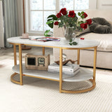 NNECW Modern 2-Tier White Marble Coffee Table with Open Shelf
