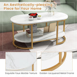 NNECW Modern 2-Tier White Marble Coffee Table with Open Shelf