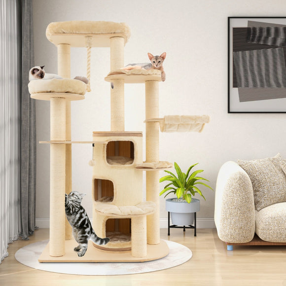 NNECW Multi-Level Cat Tree with 3-story Cat Condo & 2 Perches & Spring Ball-Beige