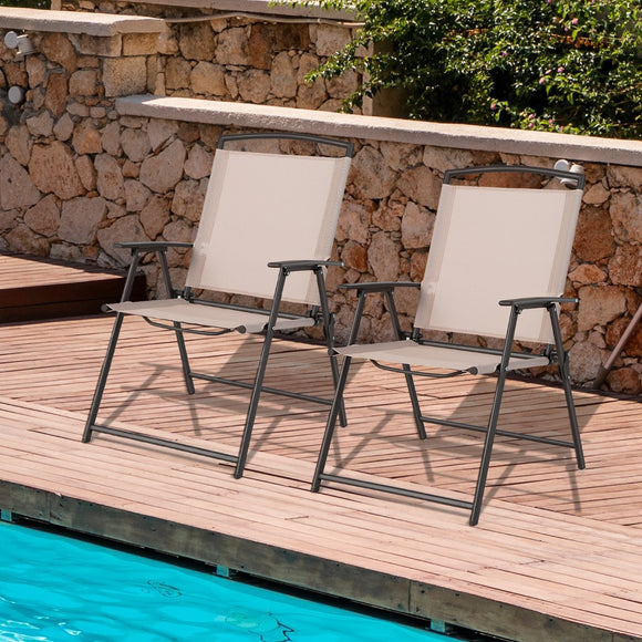 NNECW Set of 2 Patio Folding Chairs with Armrests and Rustproof Steel Frame-Beige