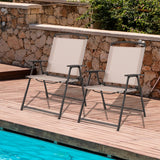 NNECW Set of 2 Patio Folding Chairs with Armrests and Rustproof Steel Frame-Beige