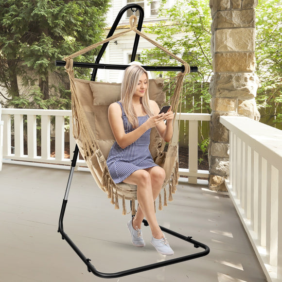 NNECW Hammock Chair with Adjustable Steel Sand & Pillow & Cushions-Beige