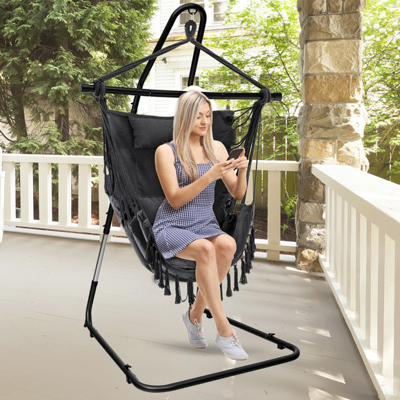 NNECW Hammock Chair with Adjustable Steel Sand & Pillow & Cushions-Grey