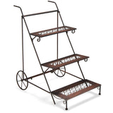 NNECW 3-Tier Metal Ladder Shaped Plant Stand with Wheels & Handle