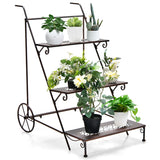 NNECW 3-Tier Metal Ladder Shaped Plant Stand with Wheels & Handle